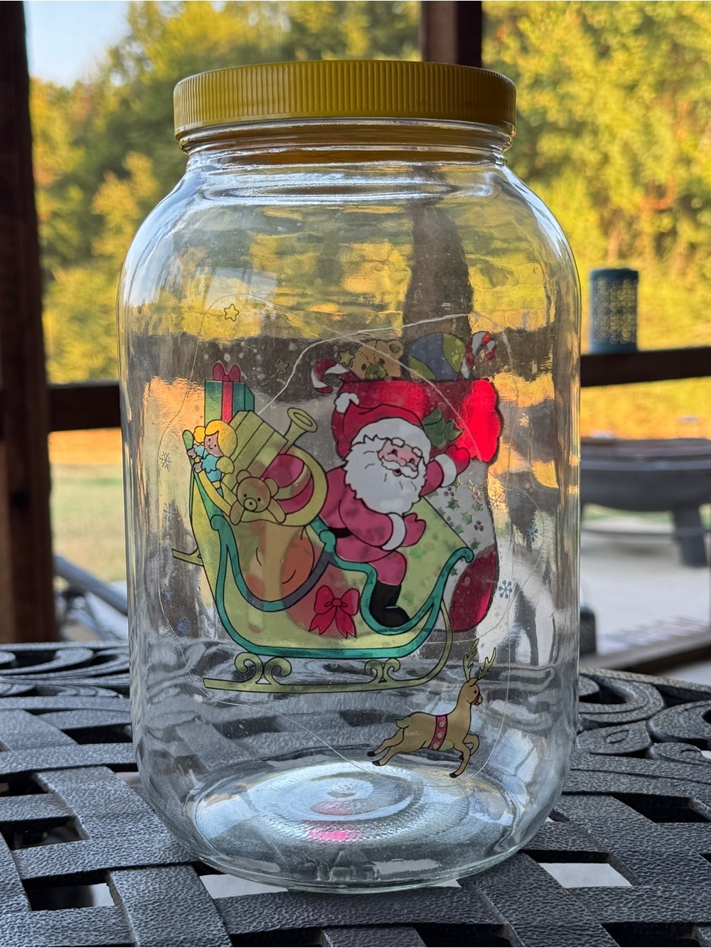 Vintage Christmas Santa Glass Jar 10” Yellow Lid Holiday Cookie Sun Tea Canister